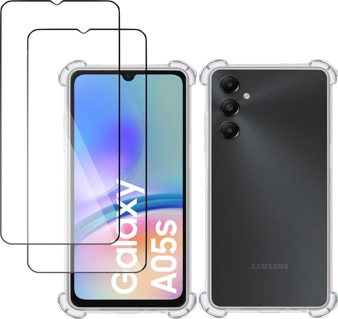 Hoesje + 2x Screenprotector geschikt voor Samsung Galaxy A05s – Full Screen Tempered Glass - Extreme Shock Case Transparant