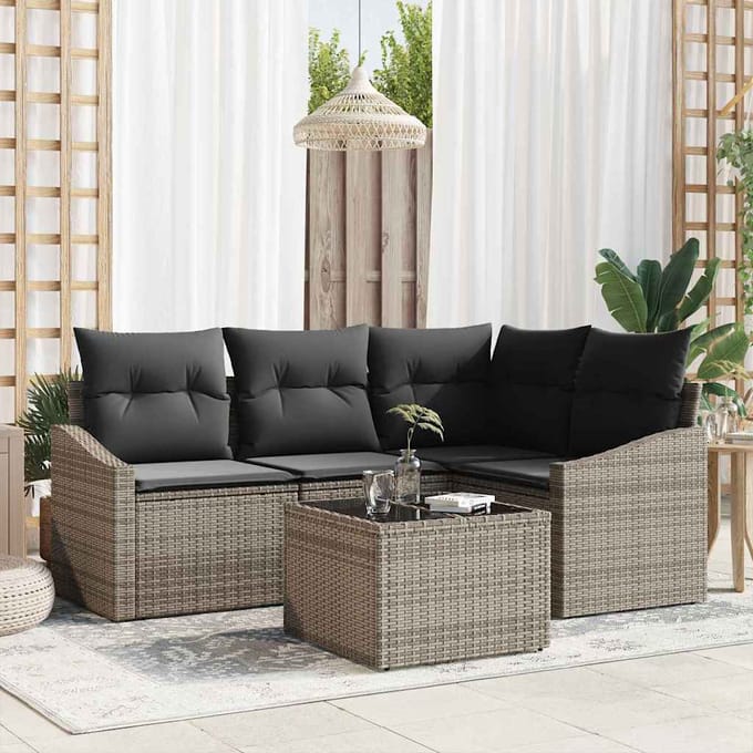vidaXL Tuinbank Set met kussen met opslag 5 pcs Lichtgrijs poly rattan