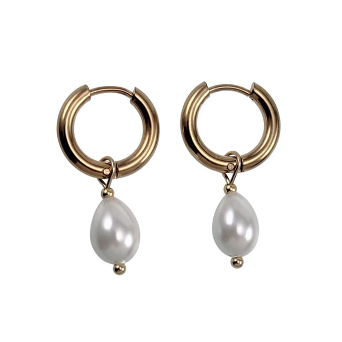 ∅15mm x 2,5mm Oorbellen Dames - Verguld RVS - Oorringen met Witte Druppelhangers