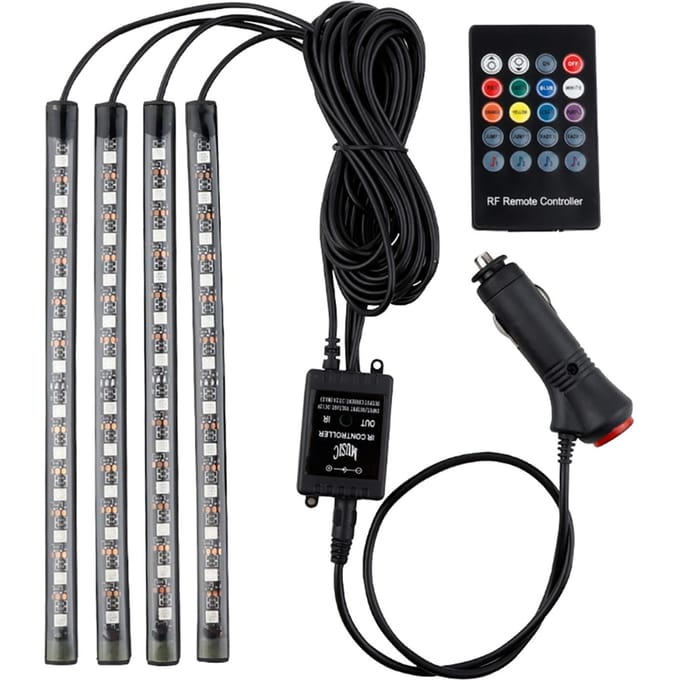 Auto LED-stripverlichting, 4 stuks 36 LED DC 12V Multicolor Muziek Auto USB Interieurverlichting LED Onder Dashboard Cigarette