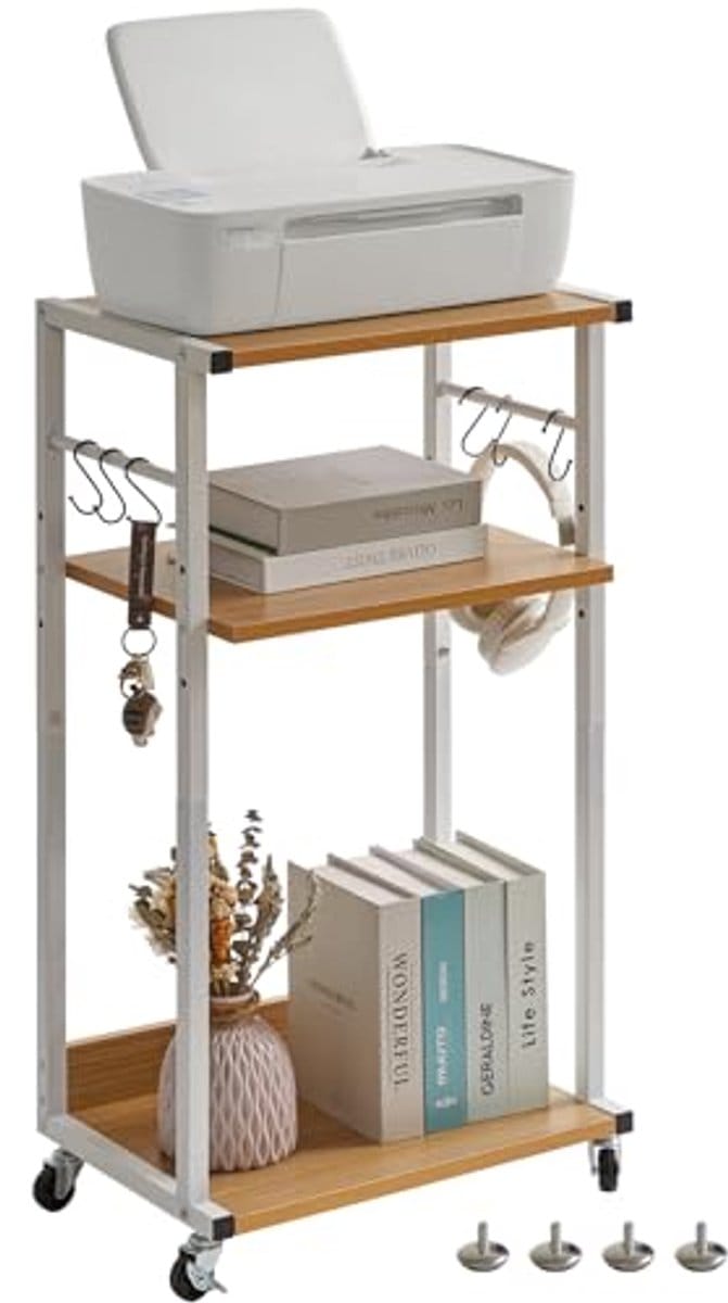 Mobiele printertafel met wieltjes en verstelbare planken voor kantoor