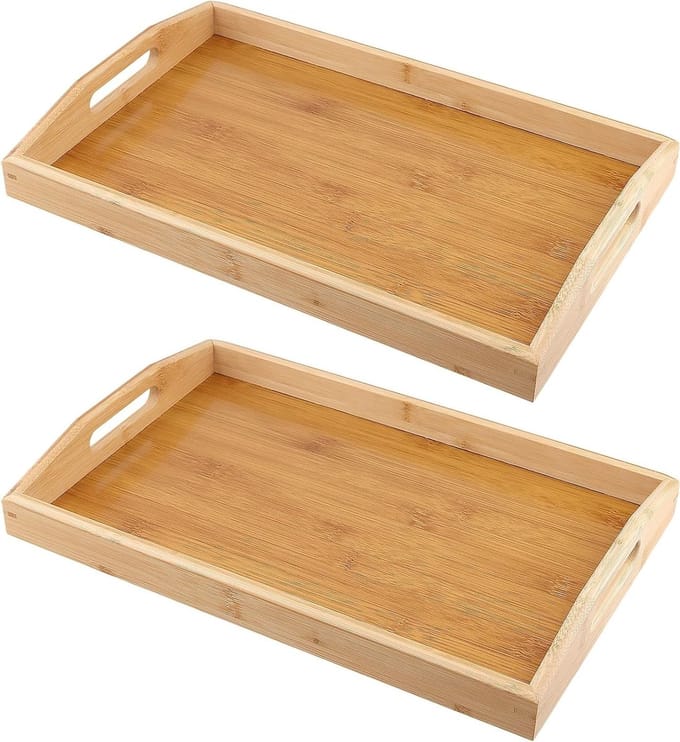 Set van 2 Rectangulaire Bamboe Dienbladen met Handvatten - Ideaal voor Keuken, Woonkamer en Horeca