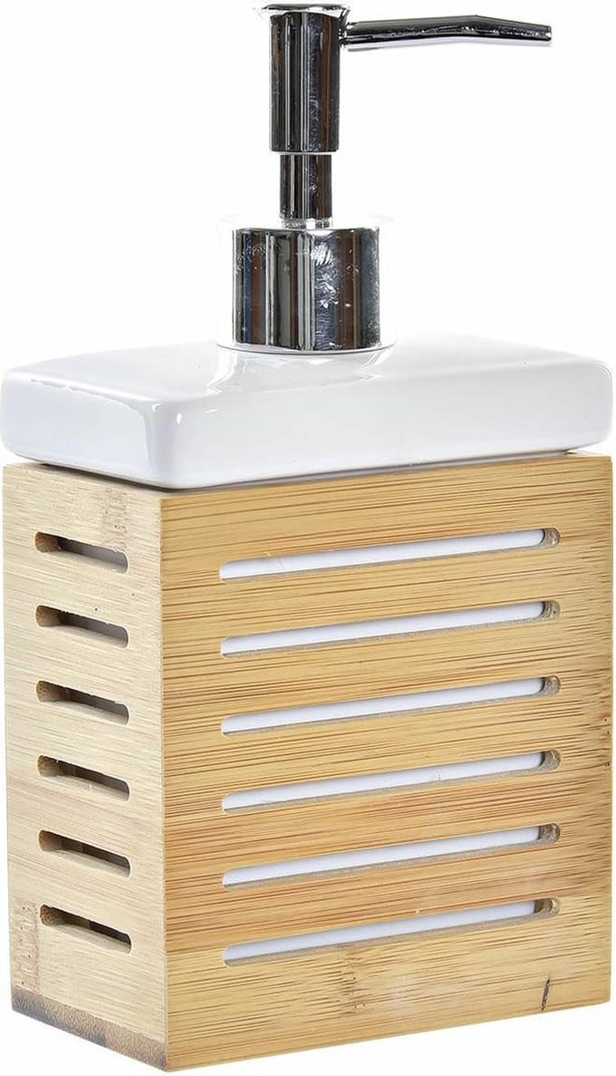 Items Zeeppompje/dispenser - bamboe - wit - 300 ml - 10 x 19 cm - keuken/toilet/badkamer - lotionpompje