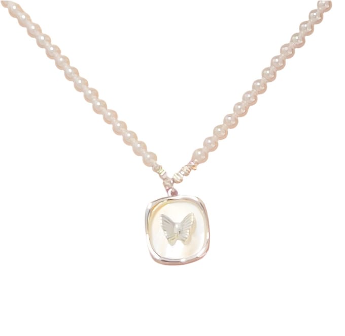 Butterfly Square Pearl Necklace Silver
