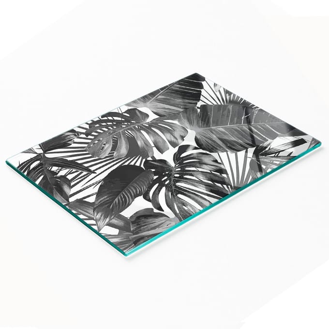 Glazen serveerplank met tropische bladeren, 80x52 cm
