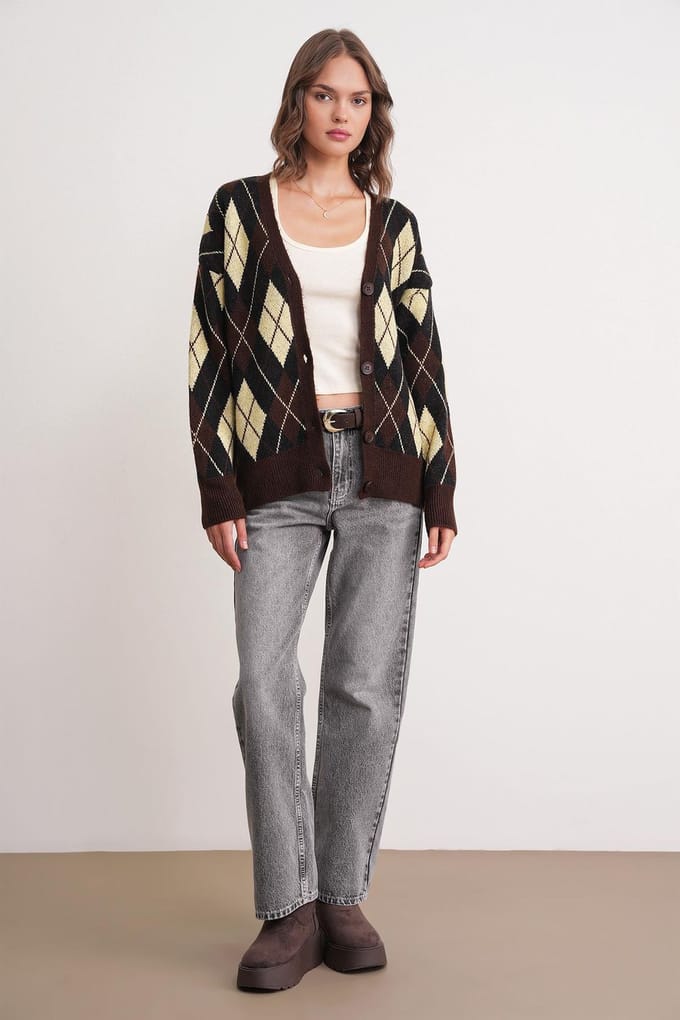 Oversized Argyle V-hals Knopen Cardigan