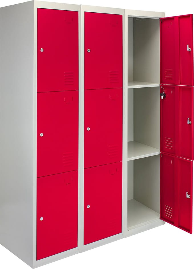 3 x lockerkast metaal - rood - 180x38x45cm - driedeurs flatpack