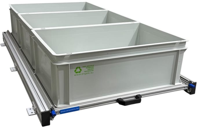aluminium schuifframe 120x60 cm 130 kg belastbaar, met 3 open normbakken