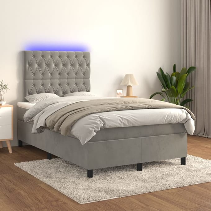 vidaXL - Boxspring - met - matras - en - LED - fluweel - lichtgrijs - 120x200 - cm
