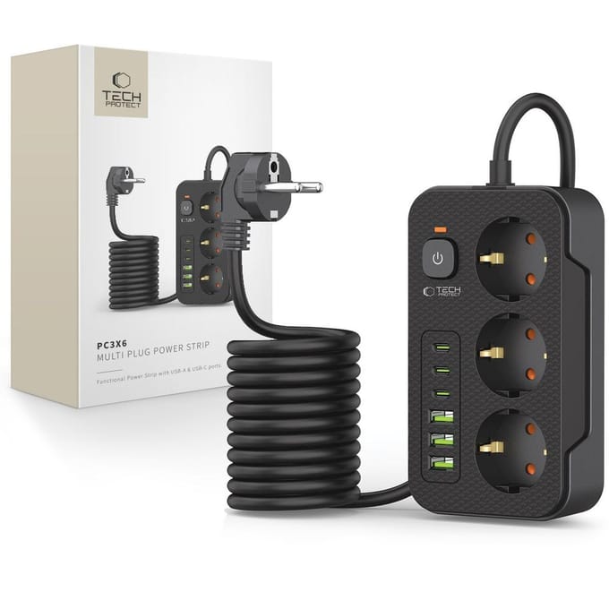 Tech-Protect - Stekkerdoos met 3 USB C en 3 USB A - Aan/Uit Schakelaar - 3 Stopcontacten - Zwart