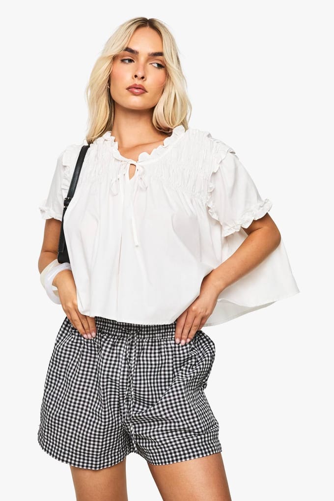 boohoo Dames Ruched Poplin Smock Top | White | Maat: 6