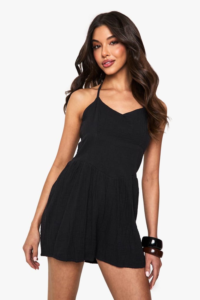 boohoo Dames Gestructureerde kaasdoek Flippy Playsuit | Zwart | Maat: 42