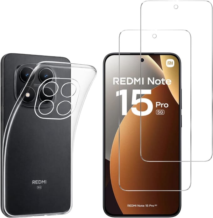 Coque arrière transparente en silicone pour Xiaomi Redmi Note 15 Pro 5G avec 2 verres trempé - protection d'écran