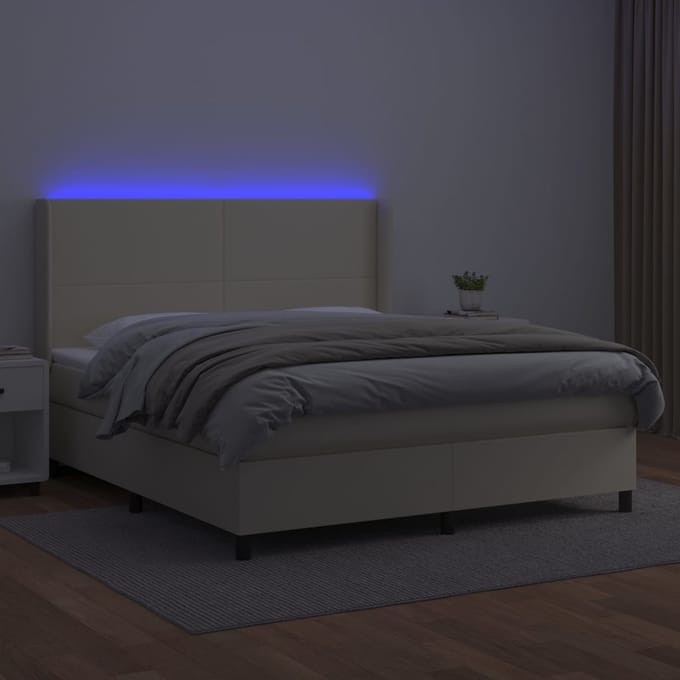 vidaXL - Boxspring - met - matras - en - LED - kunstleer - crèmekleurig - 160x200 - cm