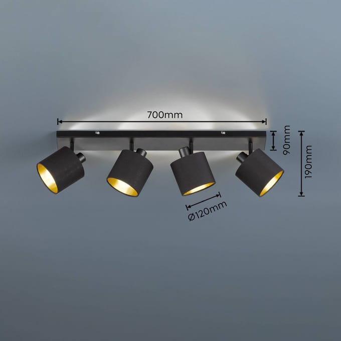 Reality Leuchten Tommy plafondspot, zwart/goud, lengte 70 cm, 4-lamps.