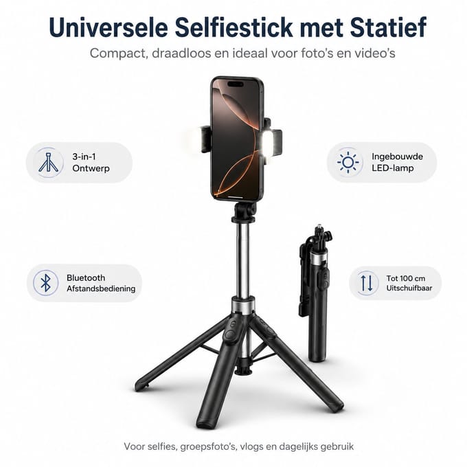3-in-1 Selfie Stick - Met LED Verlichting - Statief - Bluetooth - Zwart