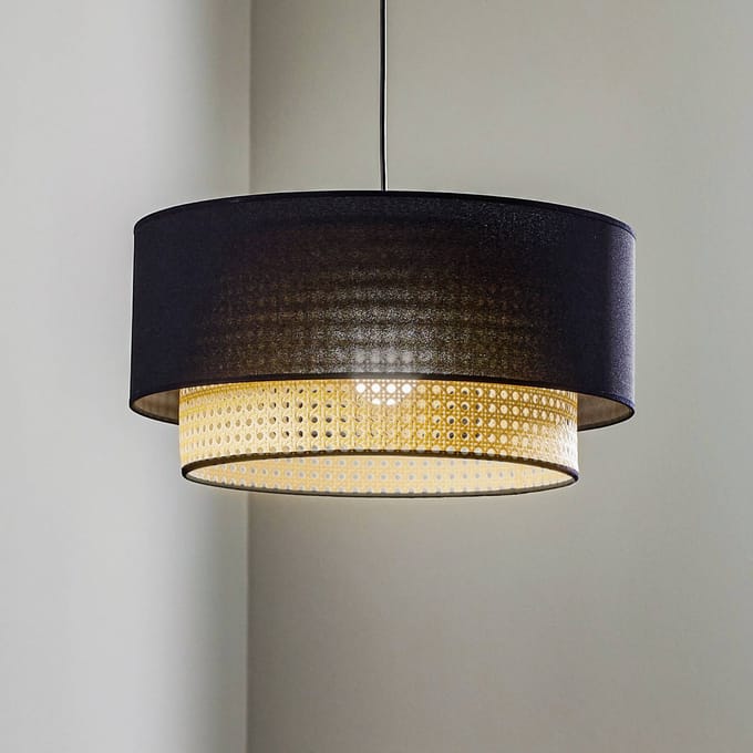 Duolla Boho-hanglamp, zwart/hout, Ø 45 cm, textiel/rotan