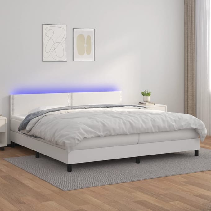 vidaXL - Boxspring - met - matras - en - LED - kunstleer - wit - 200x200 - cm