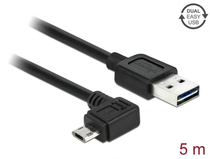 Delock Cable EASY-USB 2.0 Type-A male > EASY-USB 2.0 Type Micro-B male angled left / right 5 m black