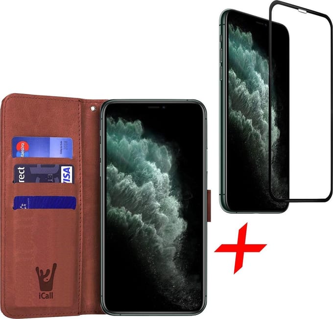 Hoesje geschikt voor iPhone 11 pro - bruin book cover Kunstleer wallet + Screenprotector glas tempered glass screen protector full screen