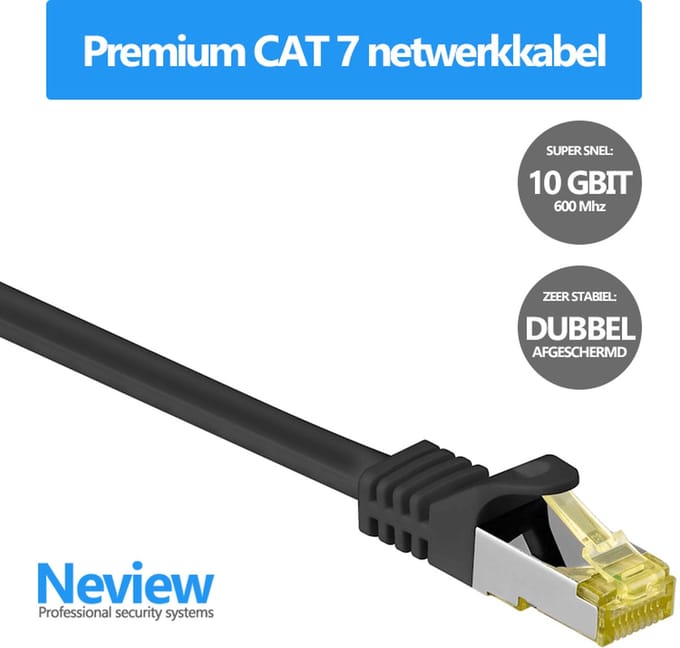 Neview - Cat 7 S/FTP netwerkkabel - 100% koper - 1 meter - Zwart - Dubbele afscherming - Cat 7 Internetkabel