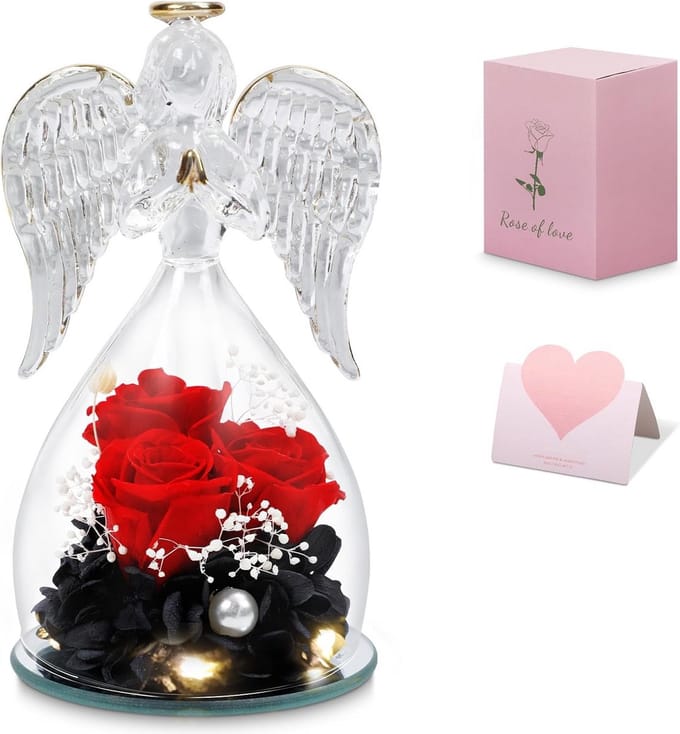 Bewaren Roos - Eeuwige Bloem - Decoratie Cadeau - Met Engel - 7.5 x 12.5 cm - Rood