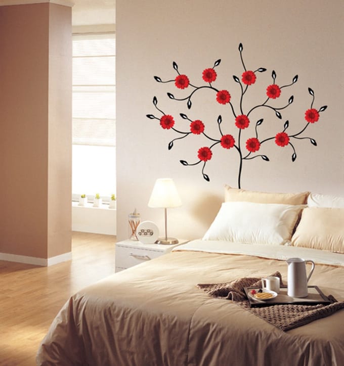 Decoratieve muurstickers - Boom met rode gerberabloemen