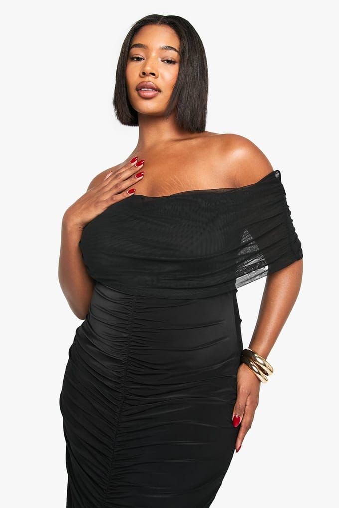 boohoo Dames PLUS MESH BARDOT GERUCHED MAXI-JURK | Zwart | Maat: 46