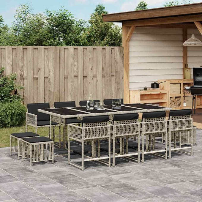 vidaXL - 13-delige - Tuinset - met - kussens - poly - rattan - lichtgrijs