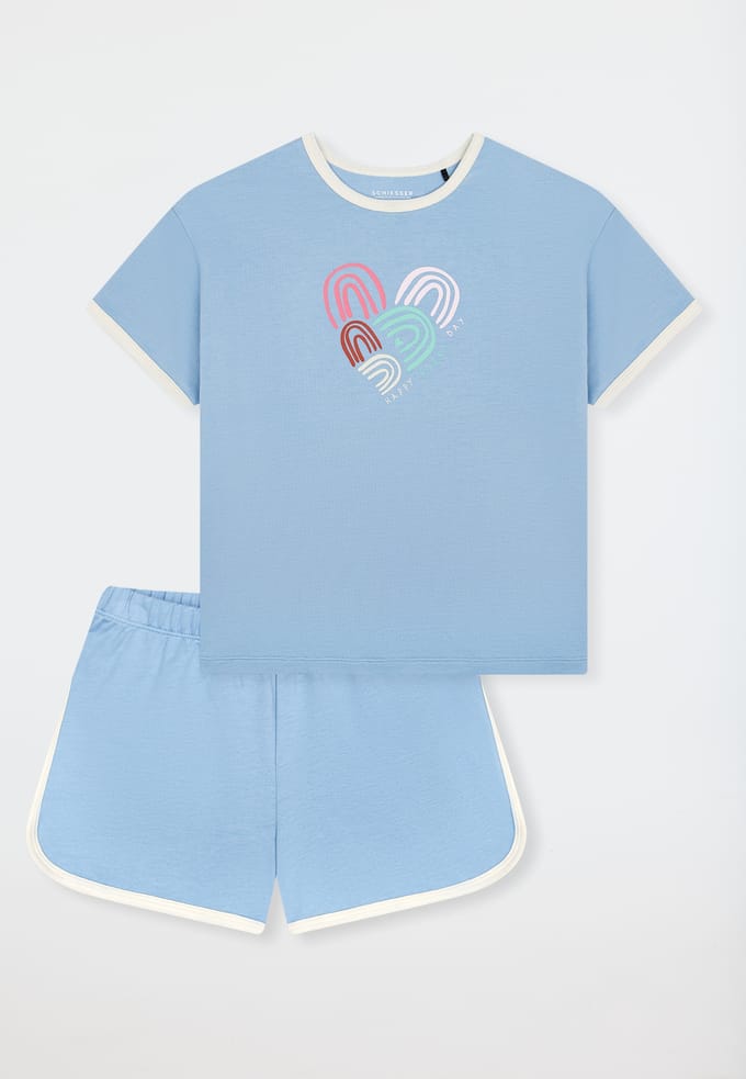 Korte pyjama van sweatshirtstof met hartjes, Happy pacific blue - Teens Nightwear 152