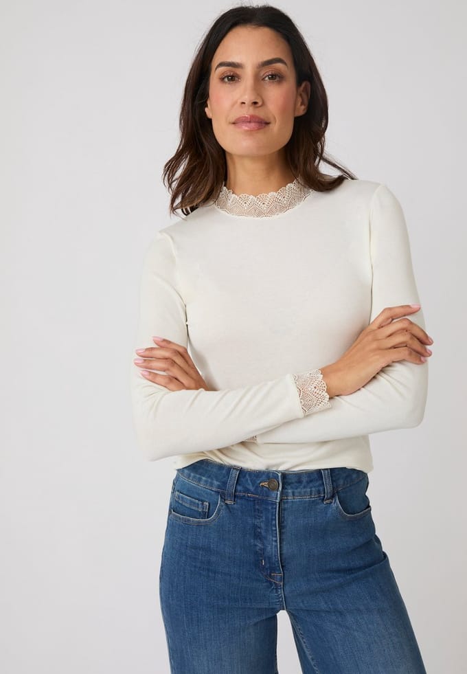 Damart - Thermolactyl Sensitive T-shirt met hoge hals en kant - Dames - Wit - 38-40 (S)