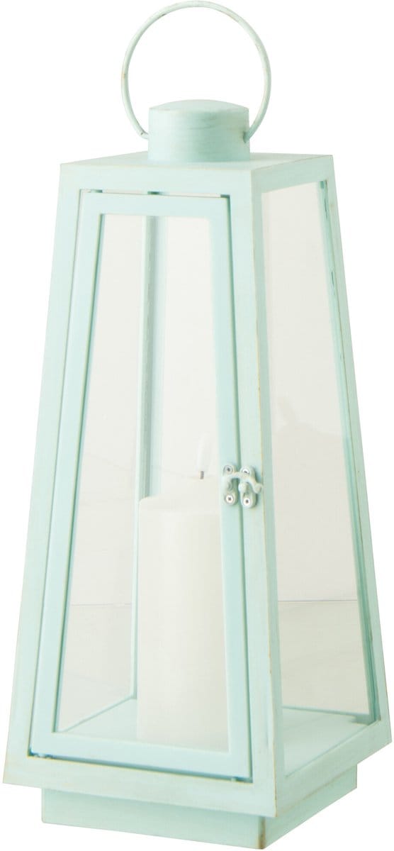 J-Line lantaarn + kaars - glas - turkoois - medium - LED lichtjes