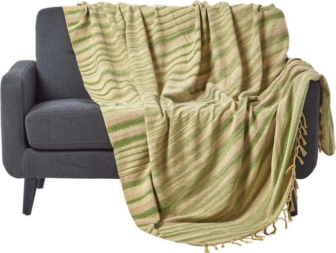 Homescapes Gestreept Chenille Plaid 100% Katoen Groen 220 x 240 cm