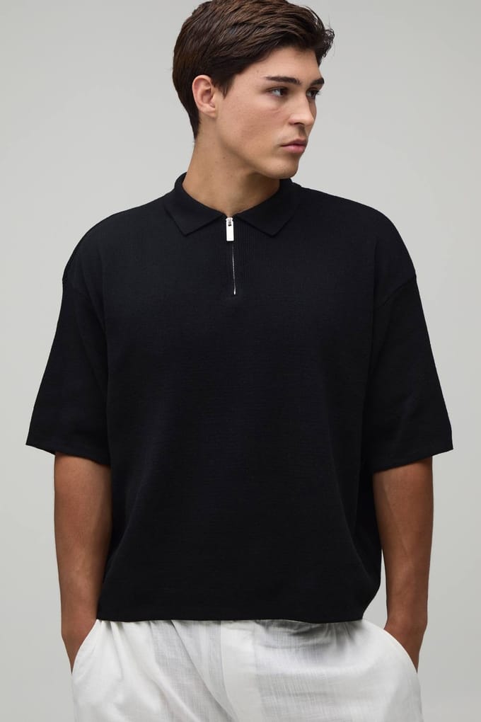 Oversized Boxy 1/4 Zip Cotton Blend Knitted Polo T-Shirt | Black | Size Large