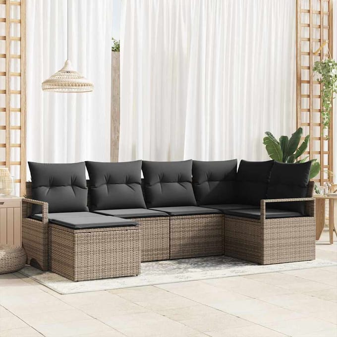 vidaXL Bankstel met kussen met opslag 6 pcs Grijs poly rattan