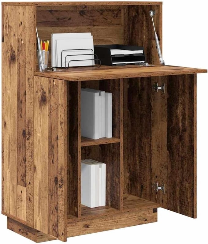 Bureau Met Opslag - Werktafel Studiebureau - Thuiswerken Leren - Groot Opbergvlak - 71x31x106 cm - Oud Hout