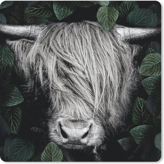 Muismat 20x20 cm - Mousepad Schotse hooglander - Bladeren - Zwart - Wit - Muismatten