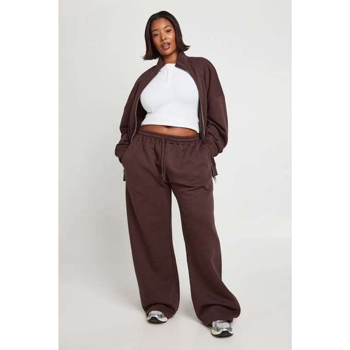 boohoo Dames Plus Dubbele Rits Col Sweatshirt Trainingspak | Chocolate | Maat: 18