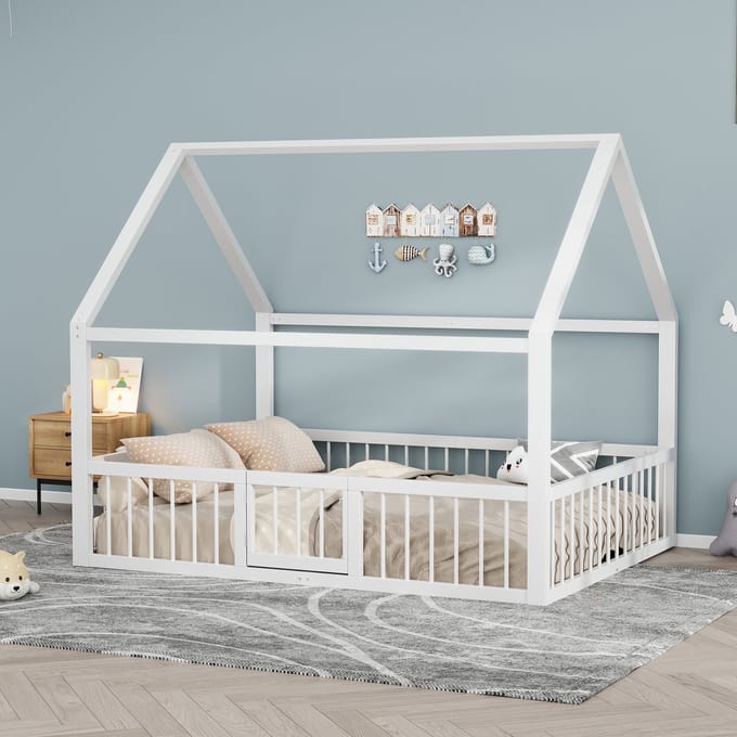 REDOM Bedframe 140x200 cm van metaal – Dakvormig ontwerp met veiligheidshekjes en kleine deur – Wit