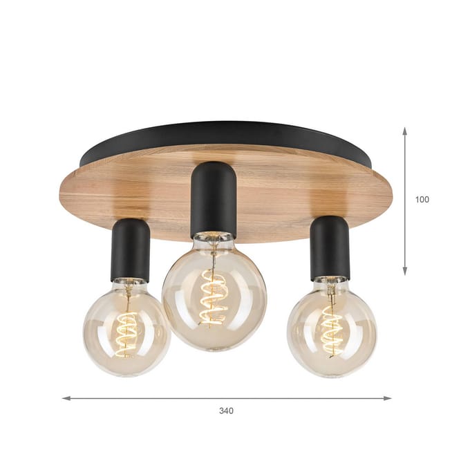 Lamkur Dusty plafondlamp, beukenhout, zwart, Ø 33 cm, 3-lamps