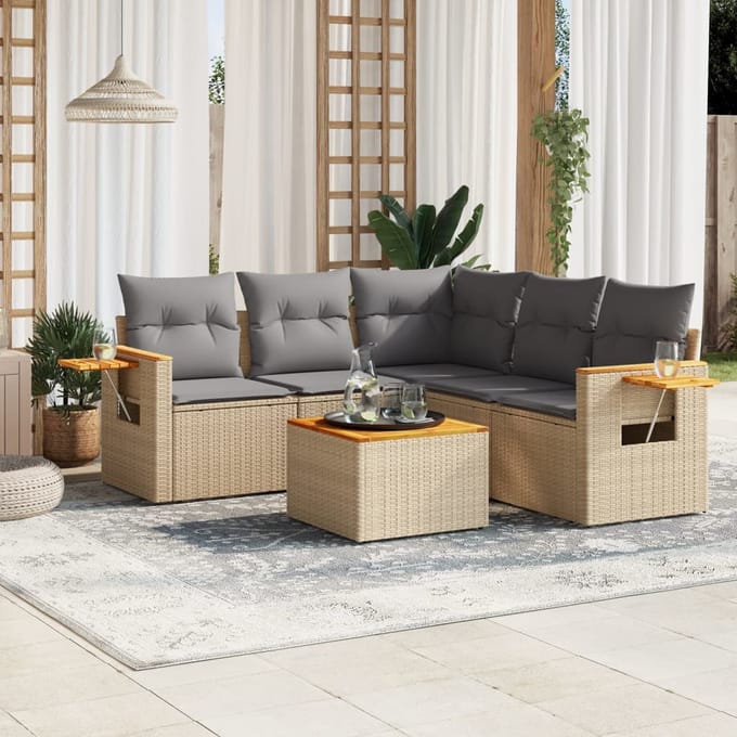 vidaXL - 6-delige - Loungeset - met - kussens - poly - rattan - beige