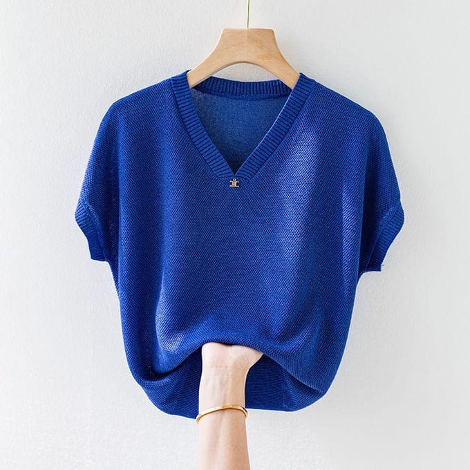 Verhoogde Zomer T-shirt met Korte Mouwen voor Dames, Losse Pasvorm, Oversized, Dunne Top, Basis Gebreide Trui L gray