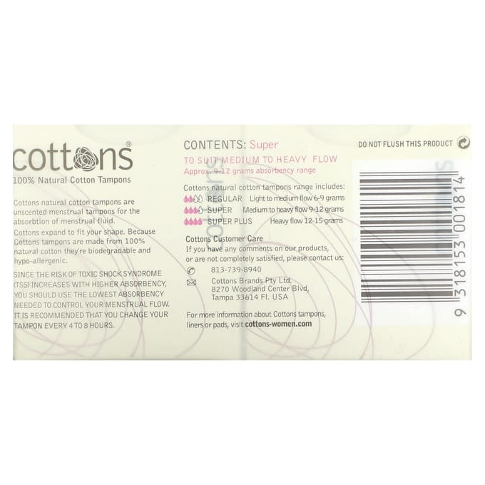 Cotons, Tampons 100% Coton Naturel, Super, Non Parfumés, 16 Tampons white