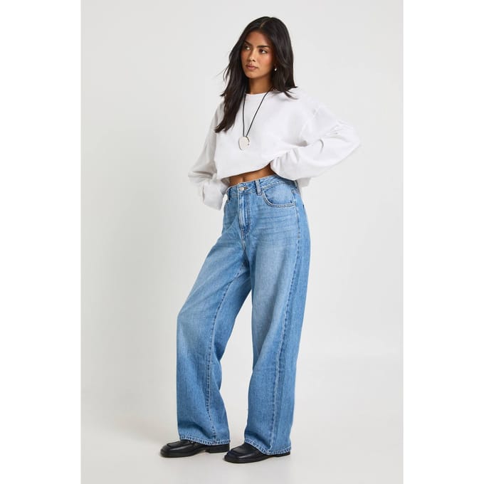 boohoo Dames Basics Hoge Taille Rechte Pijp Jean | Medium Blauw | Maat: 8/32L
