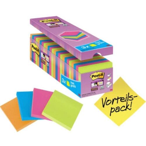 3M Post-it Super Sticky 76x76mm 24x 90 Sheets Assorted: Post-it Super Sticky 76x76mm, 24 pakjes van elk met 90 vellen in verschillende kleuren