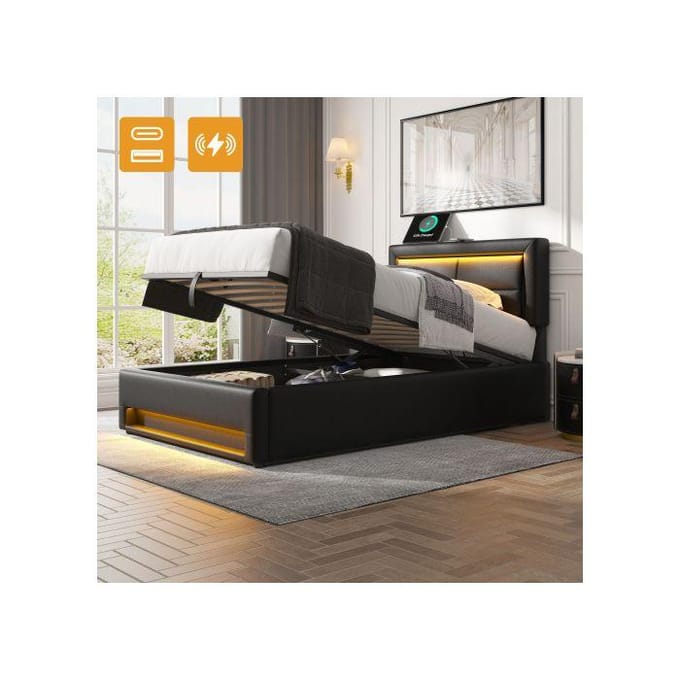 Gestoffeerd bed - MUVOE - 90 x 200 cm - USB - LED-verlichting - Opbergruimte onder het bed zwart