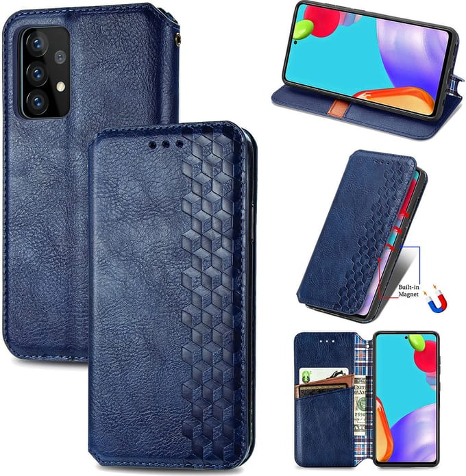 Luxe PU Lederen Ruitpatroon Wallet Case + PMMA Screenprotector voor Galaxy A52 (4G/5G) / A52s 5G _ Blauw
