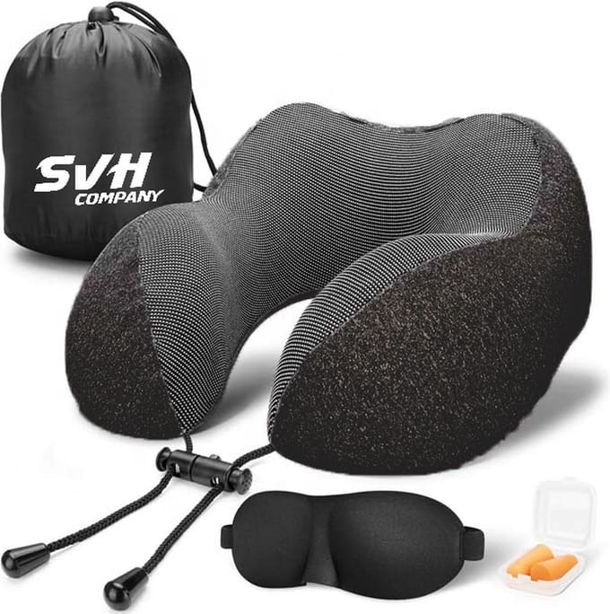 SVH Company Nekkussen - Ergonomisch Memory Foam Reiskussen - Inclusief Accessoires - Zwart