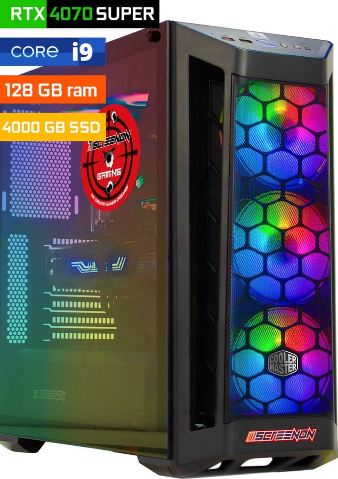 ScreenON - Game Computer / Gaming PC - Intel Core i9 - 4TB M.2 SSD - 128GB RAM - RTX 4070 Super - Windows 11
