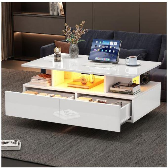 Salontafel - MUVOE - 90x55x41 cm - LED-verlichting - 2 lades - Max. belasting. 30 kg